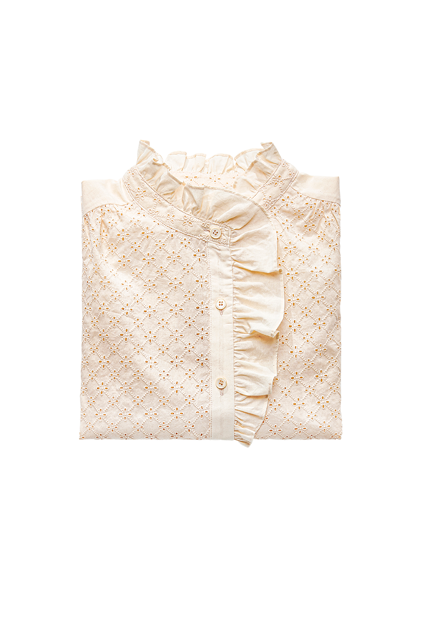 Lace-Overlay Ruffle Trim Blouse [BEIGE]