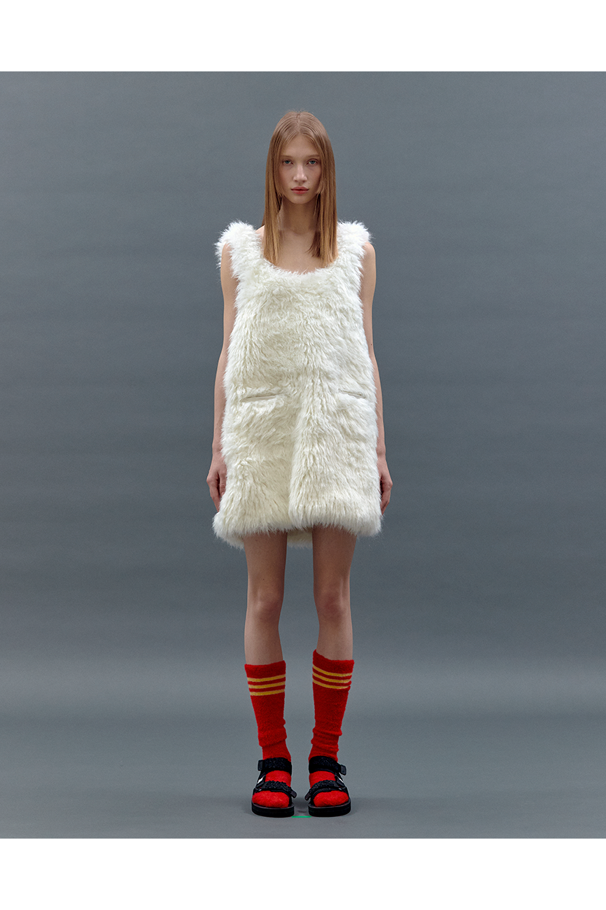 Leather Pocket Sleeveless Fur Dress  [WHITE]